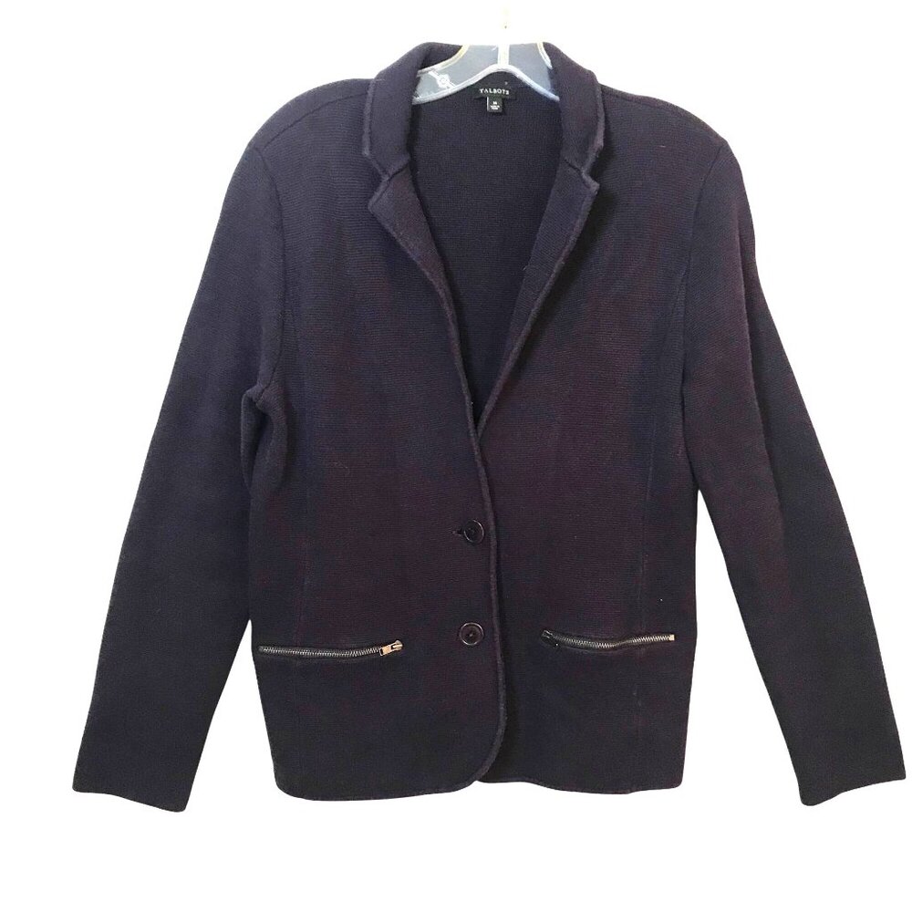 Talbots Womens M Plum Purple Knit Cotton Blend Stretch Cardigan Blazer